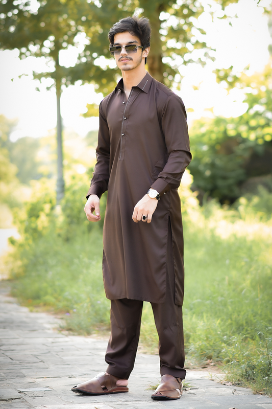 Styling Suit Chocolate Brown Collar Yellow Strip SK-0019