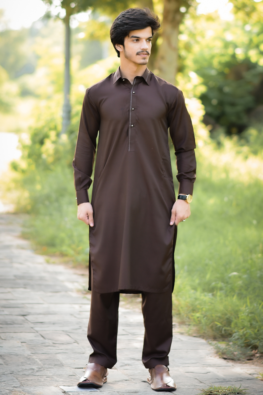 Styling Suit Chocolate Brown Collar Yellow Strip SK-0019