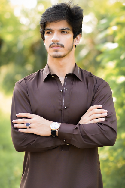Styling Suit Chocolate Brown Collar Yellow Strip SK-0019