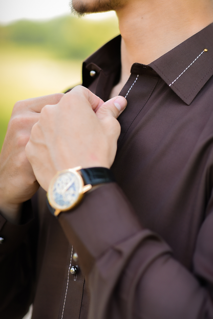 Styling Suit Chocolate Brown Collar Yellow Strip SK-0019