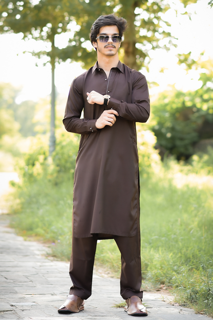 Styling Suit Chocolate Brown Collar Yellow Strip SK-0019